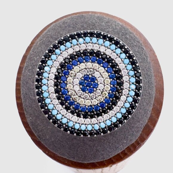 VTG Silver Multi Gemstone Concentric Circle Evil Eye Ring Flat Top Ring Size 6.5 - Picture 1 of 9